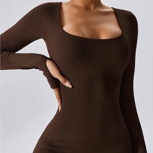Chic Brown Ribbed bodysuit with Long Sleeves